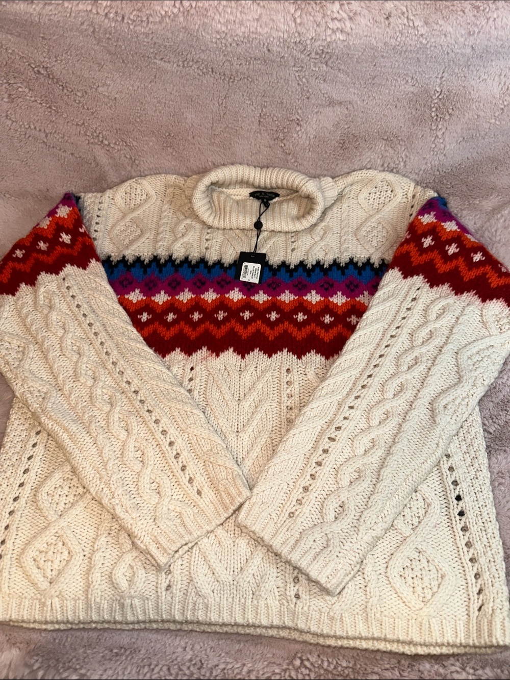 rag & bone Cream Cable Knit Turtleneck Sweater with Multicolor Fair Isle Yoke